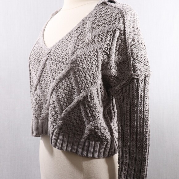 Free People Traveler Cable Knit Sweater Womens S Cropped Pullover Grey - Picture 4 of 15
